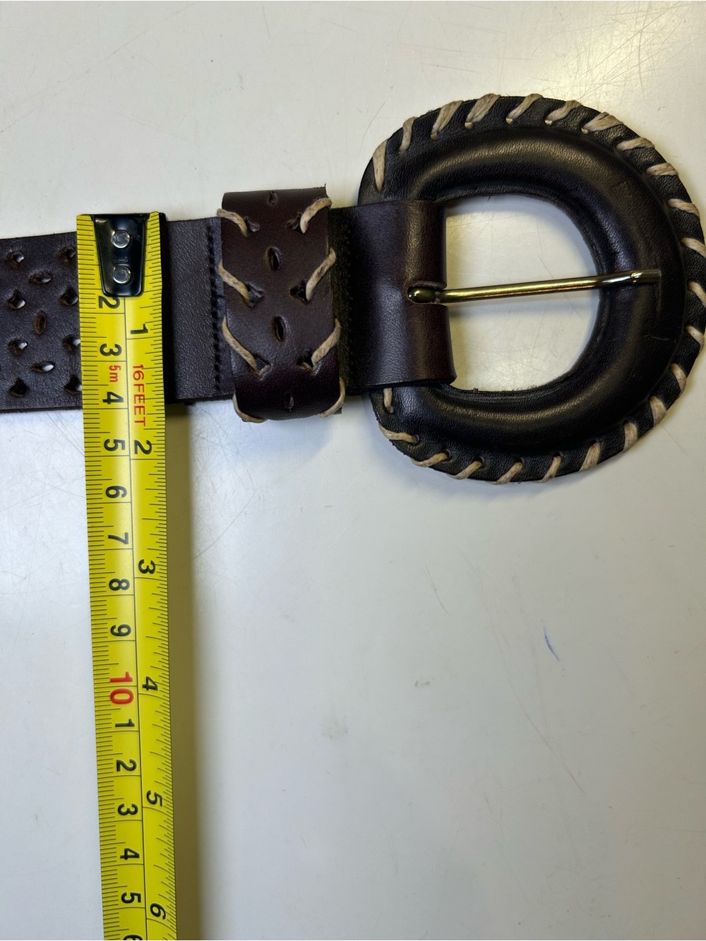 Brown Perforated Leather Belt Wrapped Buckle Whipstitch Detail One Size/L - Picture 10 of 12
